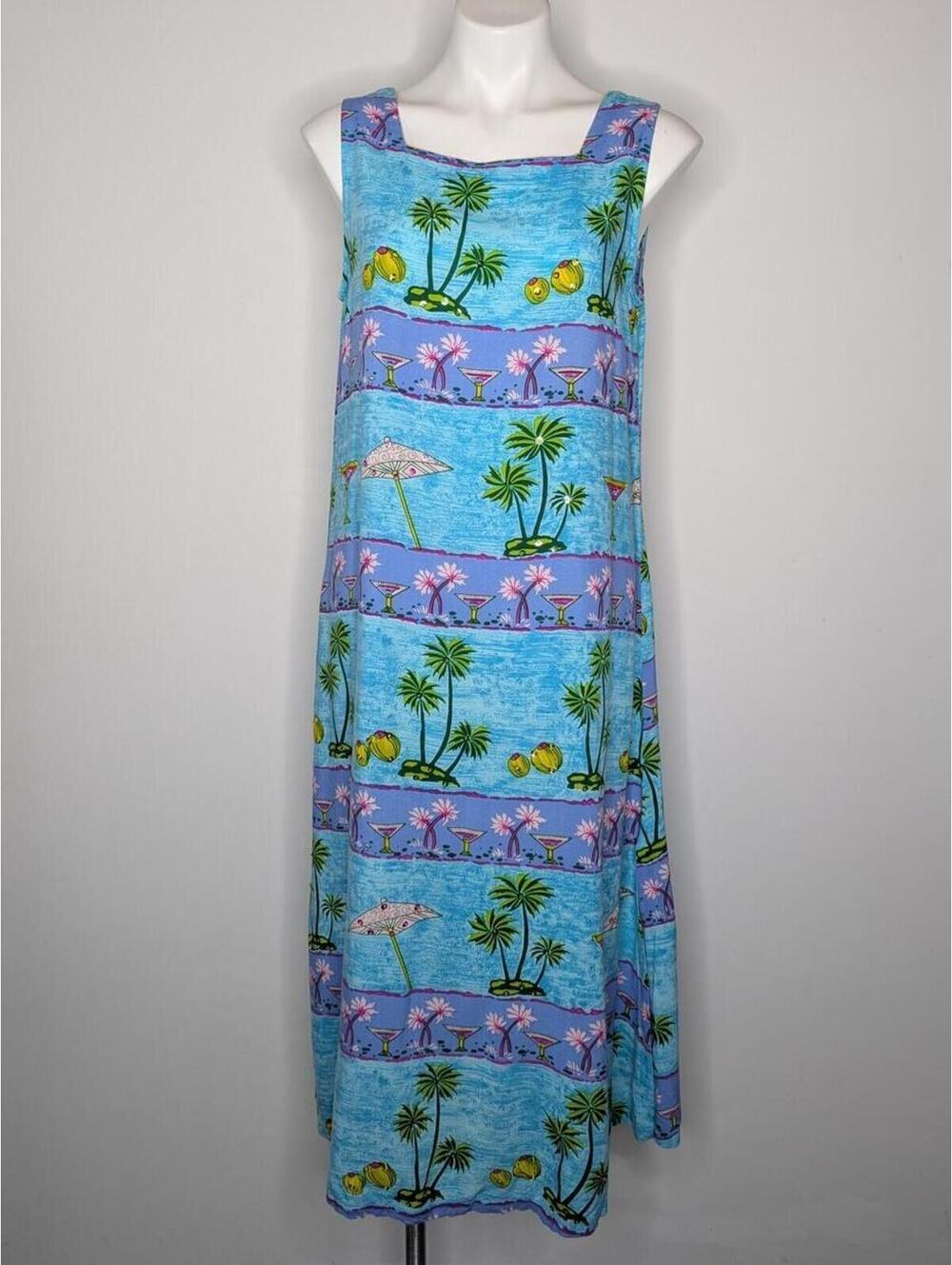 Vintage Phases Blue Purple Tropical Beaded Rayon Sleevles Tank Dress M
